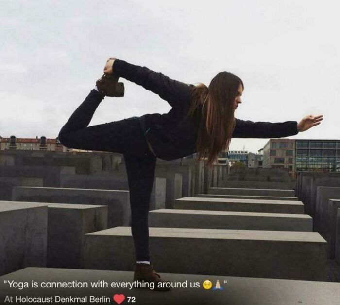Tourist Taking Yoga Selfie Pic On The Holocaust Memorial Site In Berlin
