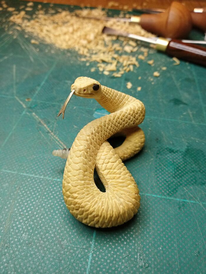 Rattlesnake, Hand Carved In Boxwood, Horn Eyes And Rattle, And Silver Tongue
