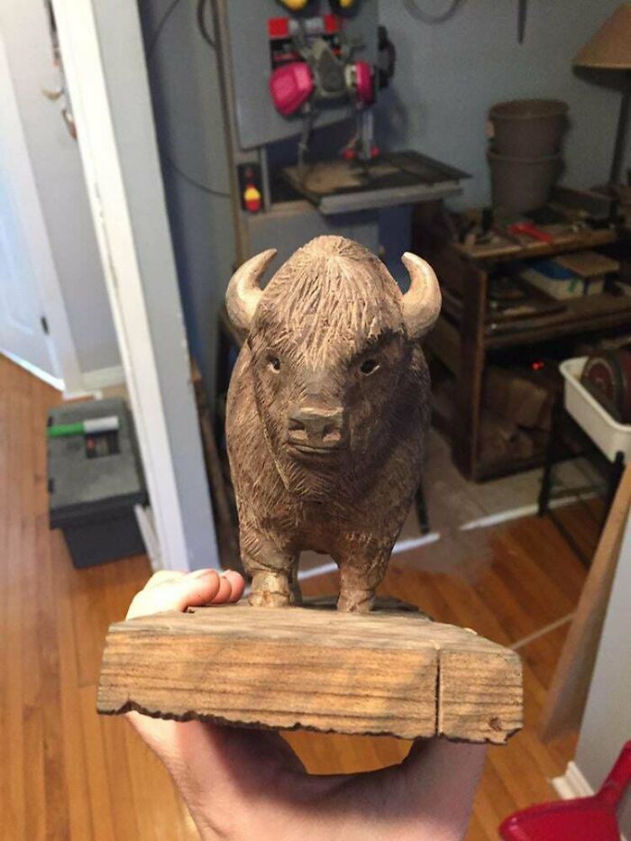 Not The Best Photos, But I Have Just About Finished The Carving On This Curly Walnut Bison. One Piece, 30 Knives And Gouges, ~100 Hours, Two Sore Hands