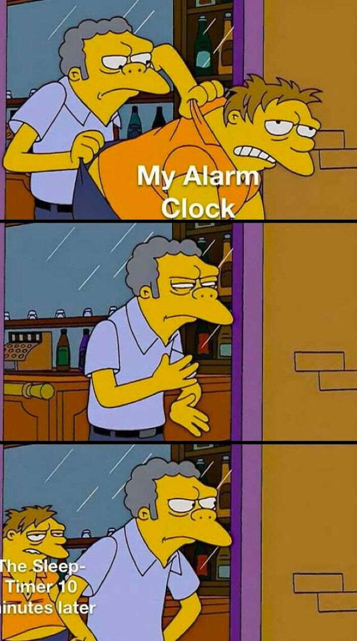 Simpsons alarm clock tossing Barney meme