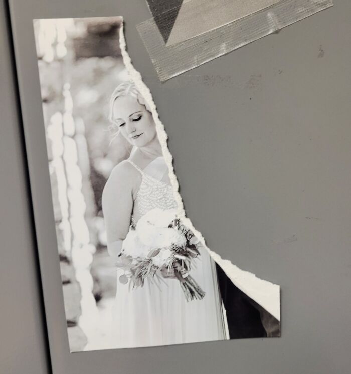 Someone At Work Perfectly-Ripped My Husband Out Of The Wedding Photo On My Locker. There's No Way This Was Accidental