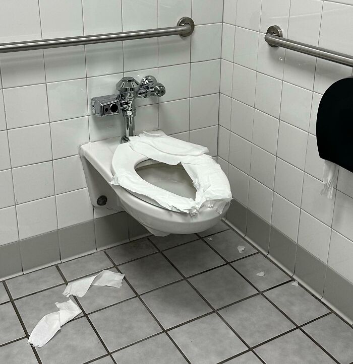 A Guy At My Workplace Uses This Bathroom Every Day, And Each Day He Leaves His "Nest" Behind. It's Disgusting And Disrespectful To The Cleaning Staff