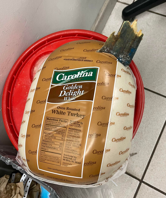 This Is How My Deli Turkey Was Delivered To My Work. Opened The Tattered Box And Saw A Piece Of Broken Pallet Stuck Right Into It