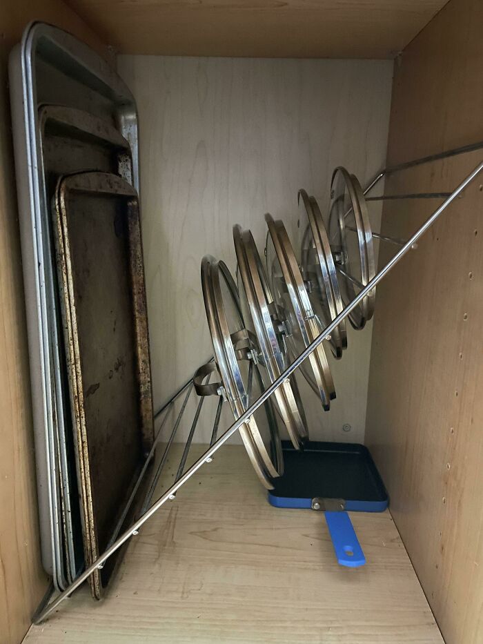 Since Random Late Night Organization Seems To Be A Thing This Week.. Thought I’d Show How I Repurposed A Wire Rack For Lid Storage. This Cabinet Was Otherwise Deep, And Mostly Useless Given Its Location, So This Is Fantastic
