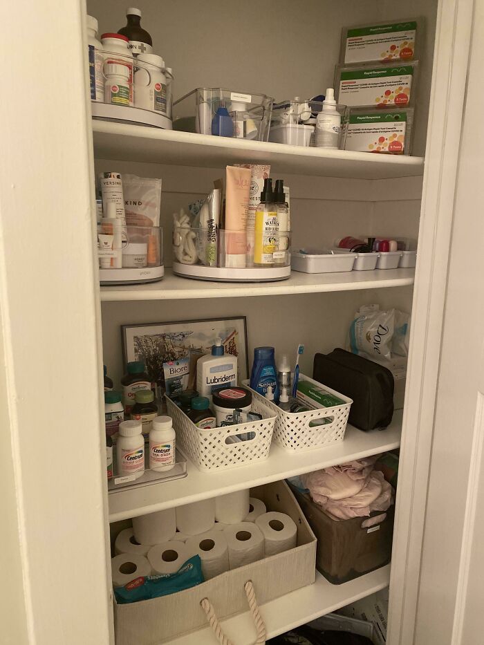 My Pregnancy Nesting Urges Are So Intense This Time Around! Here Is My New And Improved Bathroom Closet! I Put My New Thermal Label Maker To Good Use :) Any Suggestions Or Thoughts?