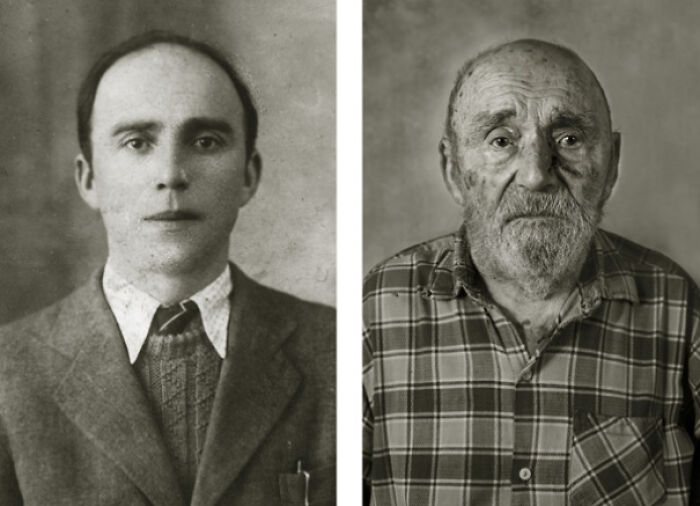 Vincenc Jetelina At 30 Years Old And At 105 Years Old. One Of Jan Langer's Portraits Of Czech Centenarians Compared To When They Were Young Adults