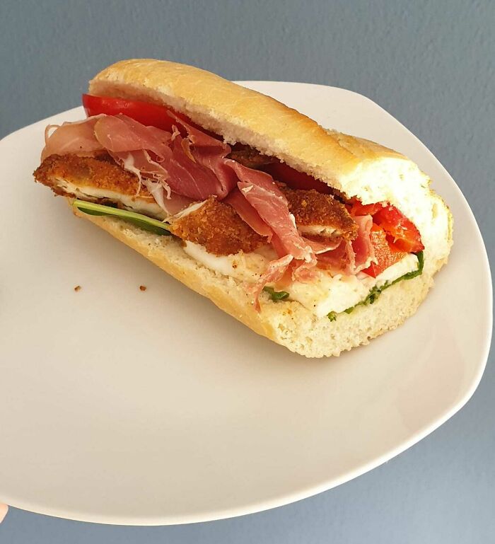 This Is A "Charlie, The Barber". Chicken Cutlet, Mozzarella, Roasted Bell Pepper, Prosciutto, And Spinach