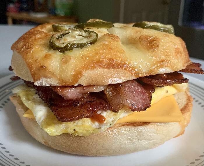 Bacon Egg And Cheese On A Jalapeño Bagel. Rise And Shiiiiiine