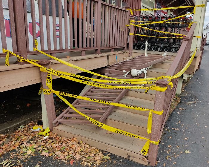 Local Store Has Partial Collapse Of Some Stairs, And They Are Making The Best Of It
