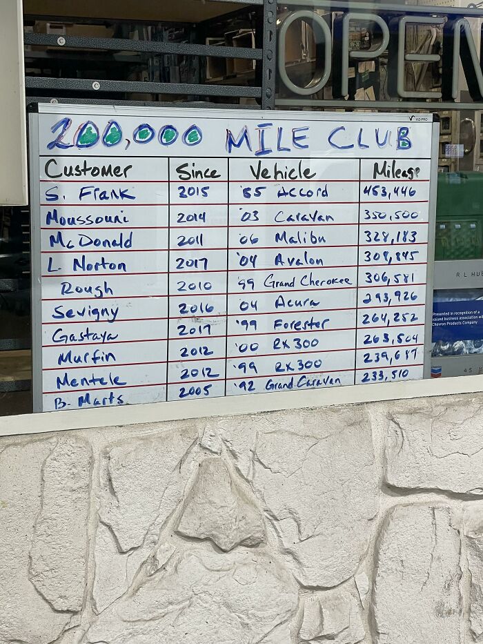 This Gas Station Has A Board For Cars That Have Over 200k Miles On Their Cars
