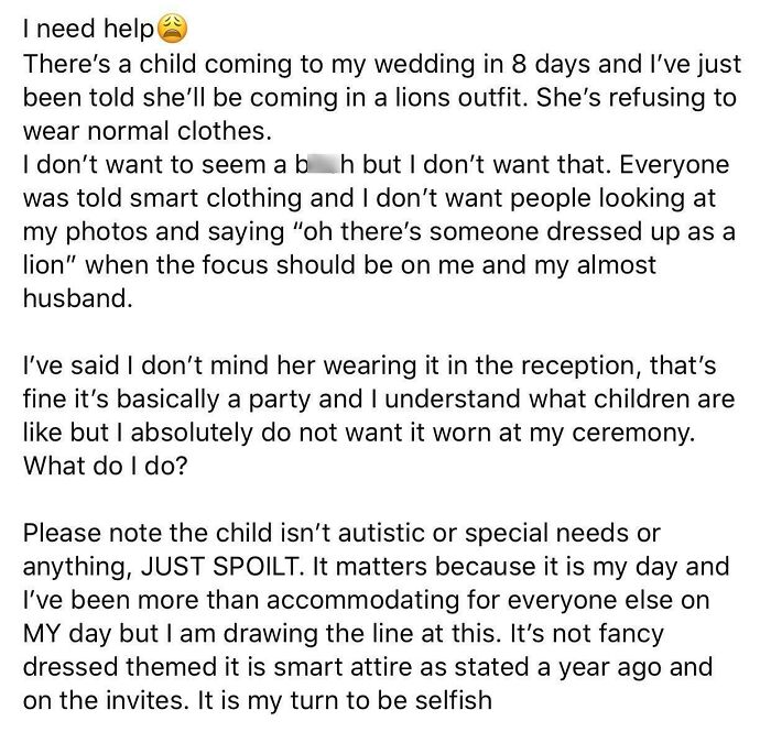 Kid Wants To Dress Up As A Lion To Their Wedding. Also Told To Change Their Centrepieces As Kid Doesn’t Like Balloons. Kid Is Op’s Mother’s Best Friend’s Child