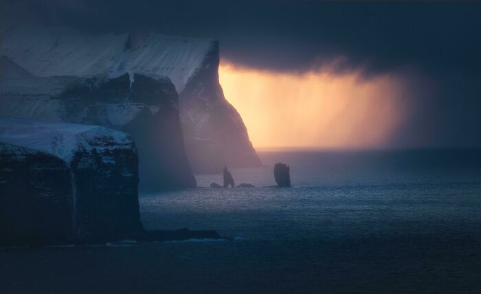 One Of My Scariest Moments As A Photographer- What You Dont See Here Is The 100m Drop In Front Of Me And The Gale Force Wind From Behind. Two Minutes Of Light And Then It Was Dark Again. Faroe Islands 