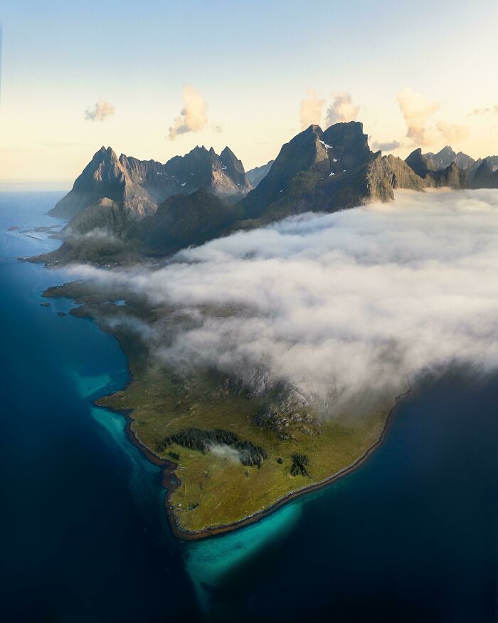 A Few Days Ago I Got This Shot Looking Down At Lofoten (Norway) With Low Clouds Rolling In 