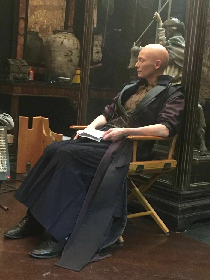 Tilda Swinton Sleeping In A Chair Between Takes On The Set Of Doctor Strange