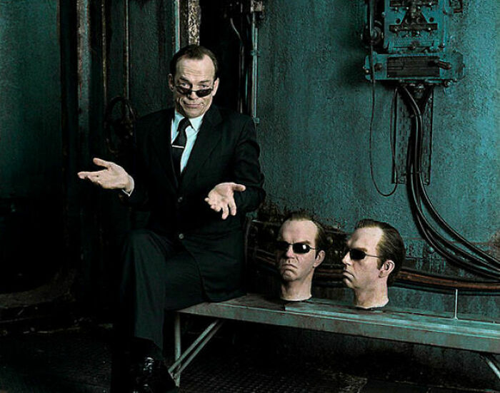 Hugo Weaving With Agent Smith Heads On Set Of The Matrix Revolutions