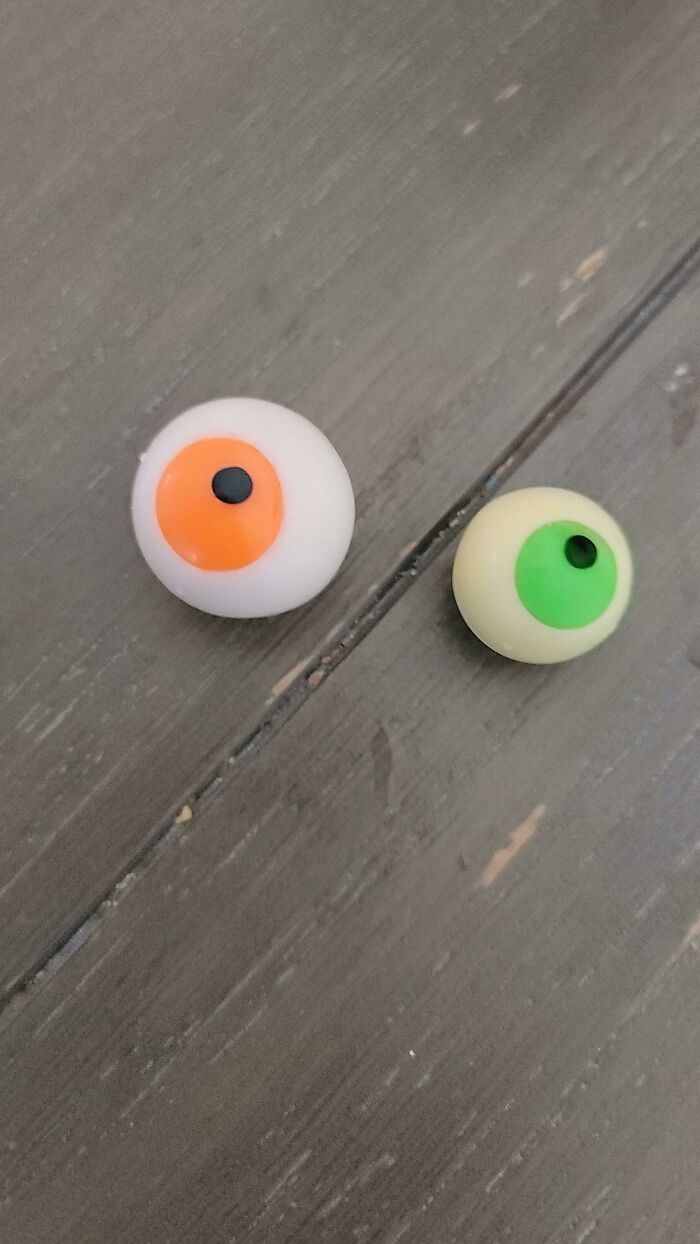 Dog Swallowed My Kid's Halloween Eyeball Last Night And Barfed It Up This Morning. Normal One On The Left