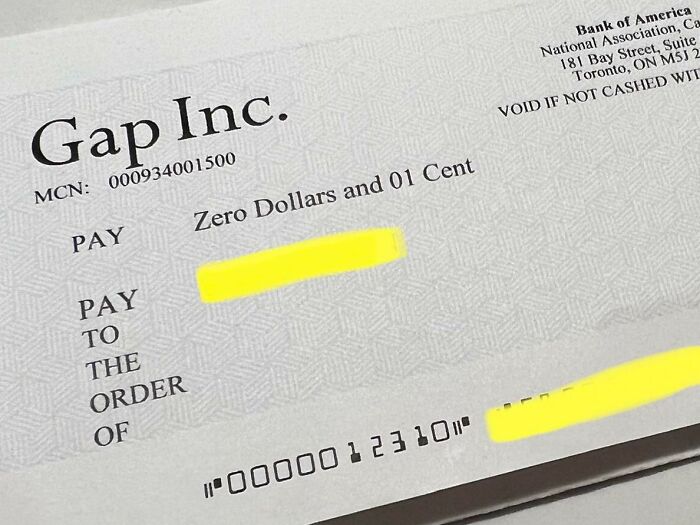 The Gap Sent Me A Check For $0.01 With With No Explanation