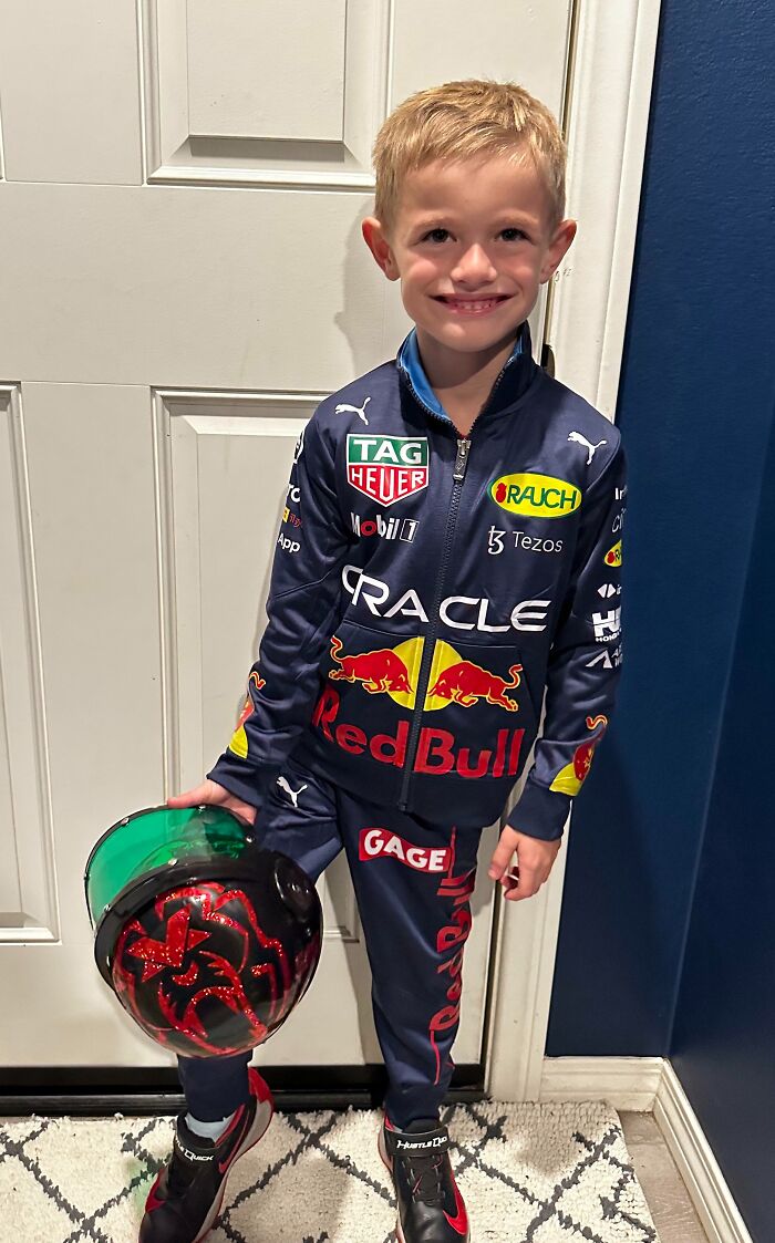 My Son Wanted To Be Motorsports Racing Driver Max Verstappen For Halloween, So I Had To Make Him A Costume