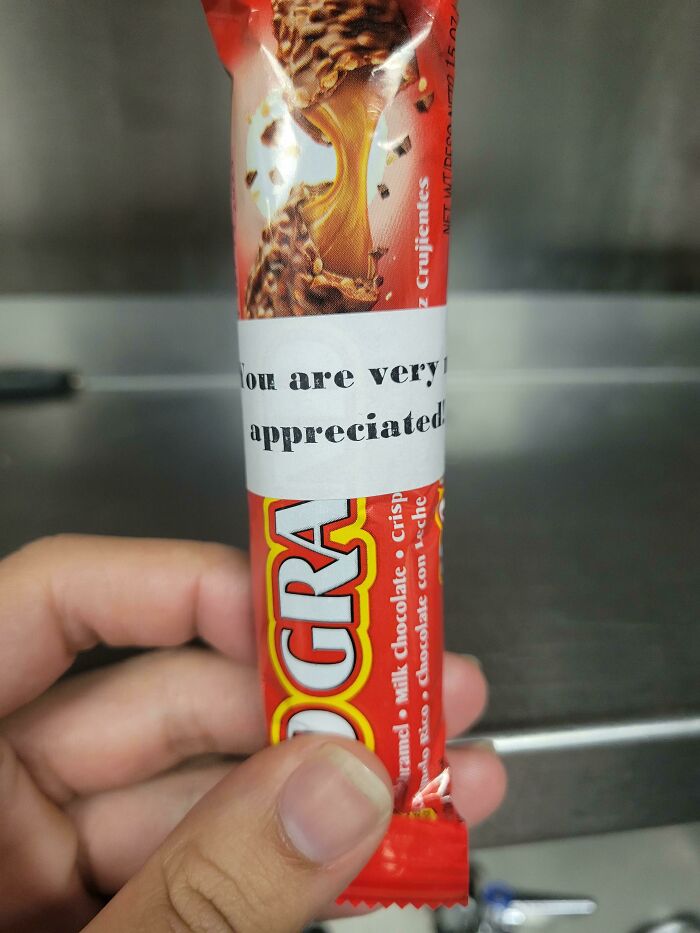 My Jobs Lazy Way To Celebrate Employee Appreciation Day. A Candy Bar With A Printed Sticker On It