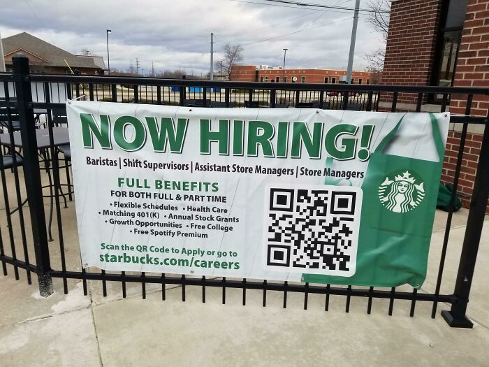 My Favorite Part Of This Starbucks Now Hiring Sign (Other Than No Wage Mentioned) Is The Perk Of Spotify Premium!!