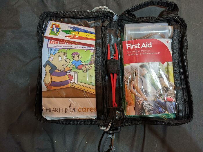 This Is Our "Employee Appreciation" Gift. A First Aid Kit, Complete With A Children's Activity Book, And Crayons. I Work At A Factory