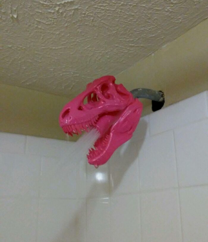 Was Told I Would Post This On Here. A T-Rex Shower Head My Roommate 3-D Printed