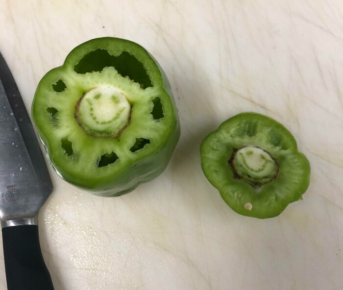 Cut The Top Of A Green Bell Pepper At Work To Find It's Smiling At Me