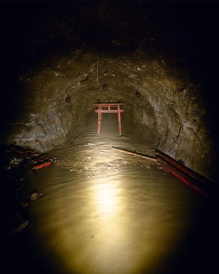 Abandoned Tori Gate Found At The End Of A Submerged Tunnel In Japan