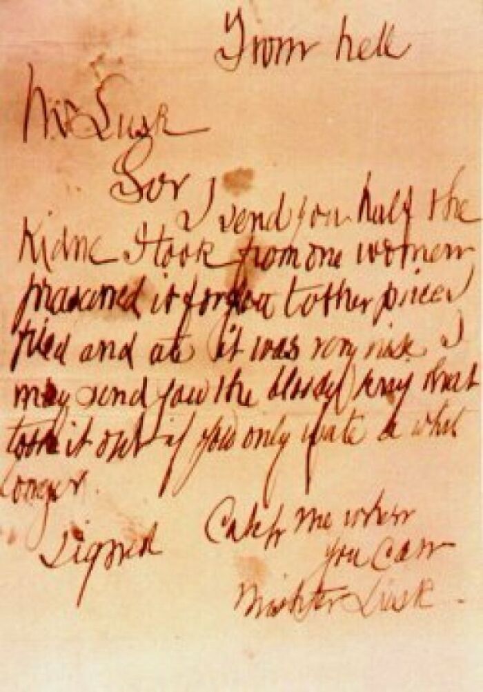 The “From Hell” Letter, Sent By Jack The Ripper To The President Of The Whitechapel Vigilance Committee That Was Pursuing Him
