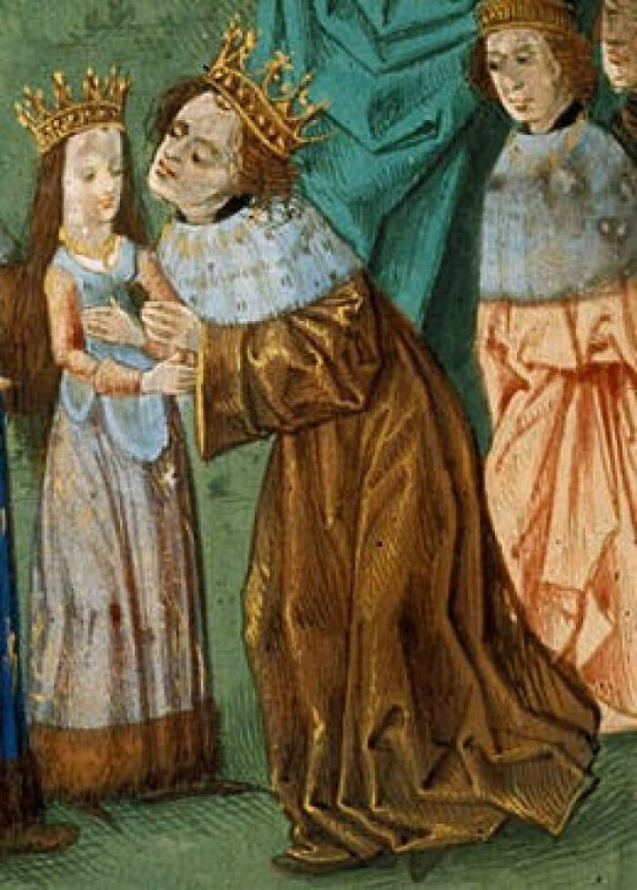 Pintura medieval del rey Ricardo II de Inglaterra e Isabela en el día de su boda. Él tenía 29 años y ella 6