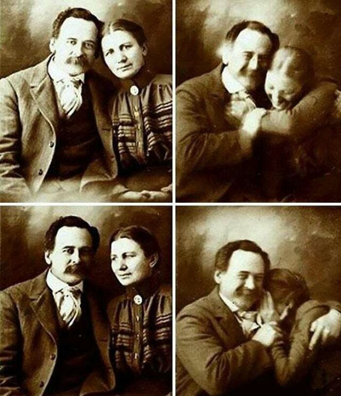 Pareja del siglo XIX intentando no reirse mientras les hacen una foto