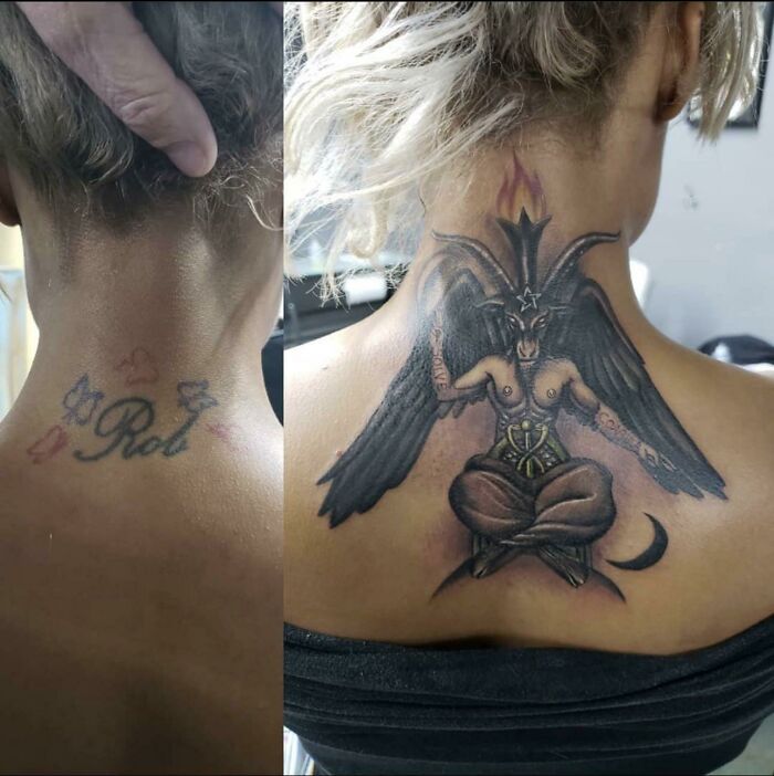 Before and after of tattoo fixes; from small lettering to detailed goat figure on back.