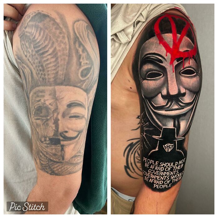 Before and after image of a tattoo fix showing a vibrant design over an older faded mask tattoo.