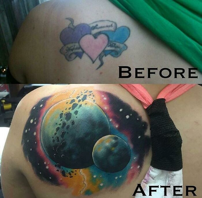 Before and after of tattoo transformation, from hearts to a vibrant space design, showcasing tattoo fixes.