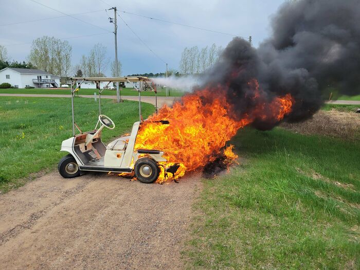 My Kid Was Driving While We Were Inside And My Other One Looks Out And Says: Dad, The Golf Cart Is Smoking
