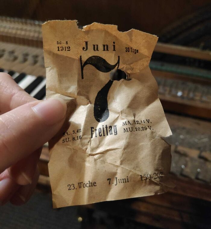 Found A Calendar Page Inside Of Our Old Piano. Friday, 7th Of June, 1912