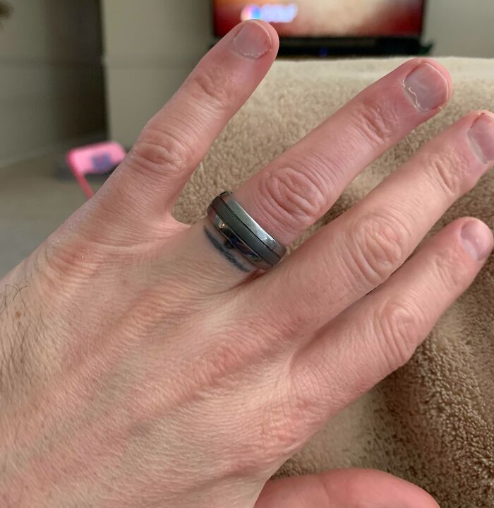 About 6 Years Ago I Lost My Wedding Ring. I Ended Up Getting A Tattoo Instead. We Have Moved Twice Since Then And Live In A Different State. My Wife Just Found It In Old Purse