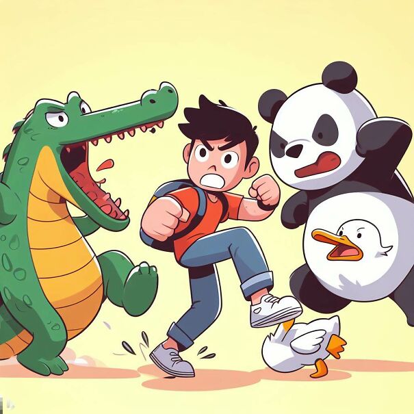A-guy-fighting-a-alligator-with-a-panda-and-an-evil-duck-childrens-cartoon-AI-art-65369e966ed26.jpg