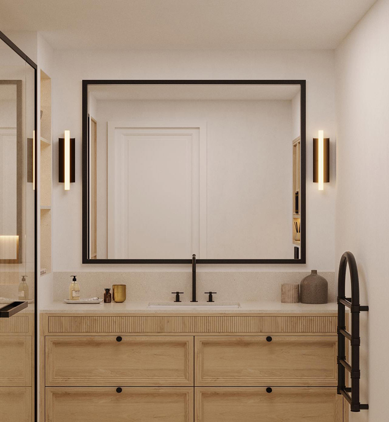 Bathroom with matching vanity light fixtures