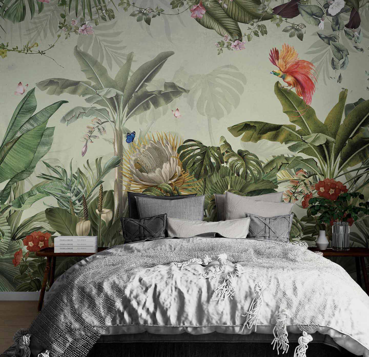 Bedroom with green tropical wallpaper