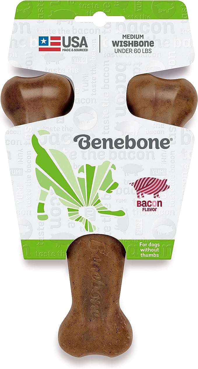 Benebone bacon-flavored wishbone toy for tough chewers, designed for dogs under 60 lbs. Benebone bacon-flavored wishbone toy for tough chewers, designed for dogs under 60 lbs.