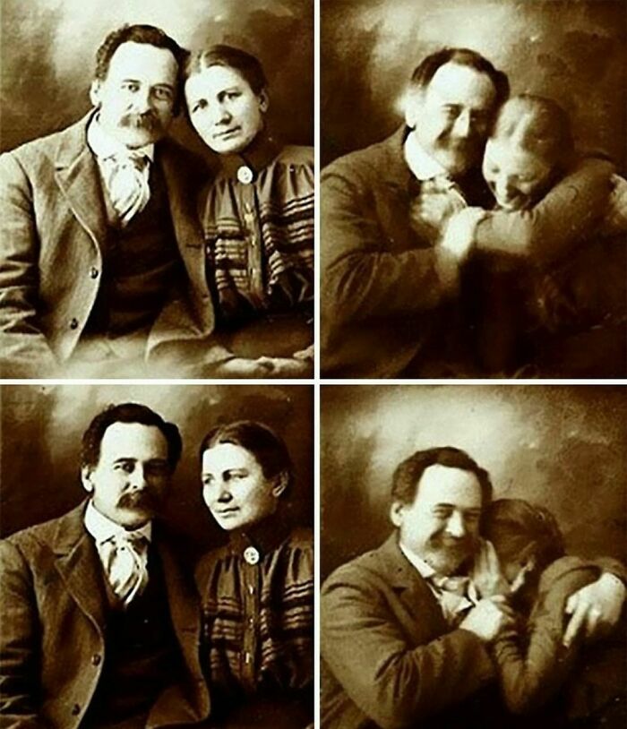 Pareja victoriana intentando no reírse mientras les hacen retratos, década de 1890