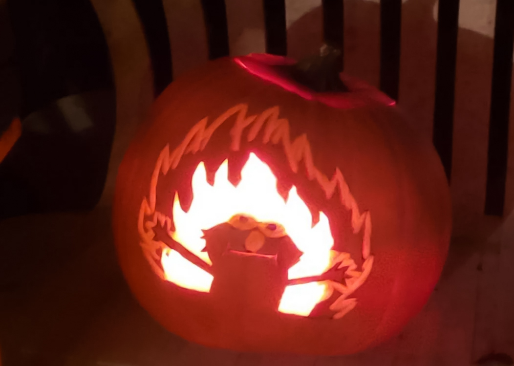 Carved lit pumpkin Malmo in fire