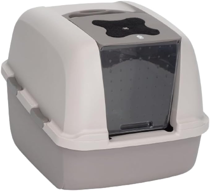Covered litter box designed to keep dogs out with secure door flap. Covered litter box designed to keep dogs out with secure door flap.