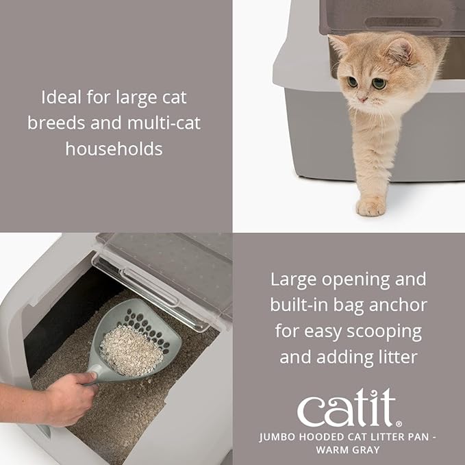 Cat examining a large hooded litter box, designed to keep dogs out, featuring easy scooping options. Cat examining a large hooded litter box, designed to keep dogs out, featuring easy scooping options.