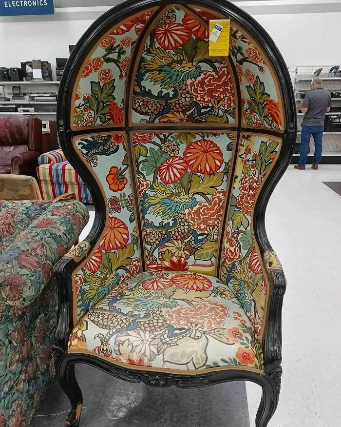 Hubby Found This Lovely Find At Our Local Thrift Store. Yes It Came Homs With Us. Trying To Decided If The Chair Was Reupholstered Or If This Is How It Was Originally Purchased. I Can Find The Material But Not Can't Find A Chair Like This With The Material On It