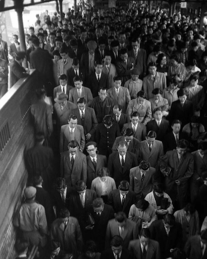 Japanese Train Travelers Leave A Crowded Train Station In Tokyo, Japan, 1956. Photo By Wim Dussel