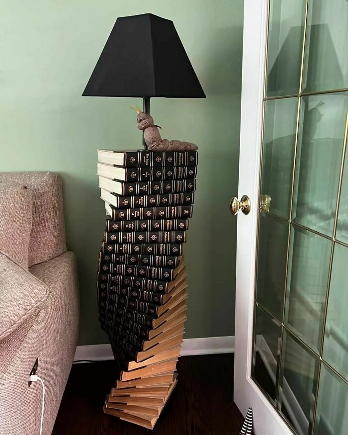 Things That Get Turned Into A Lamp? A Family Member Found This Encyclopedia Set That His Friend Was Throwing Out…and He Transformed Them Into A Floor Lamp! The Book Worm Was Found At A Resale Shop A Long Time Ago!