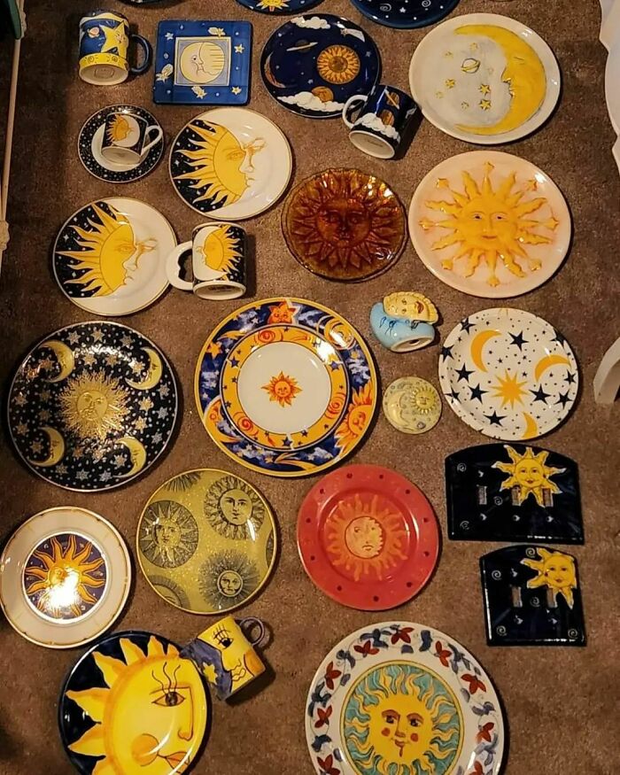 Picked Up Someone's Celestial Dish Collection For $40 Off Facebook Marketplace. Mugs Bowls, Plates, Salt And Pepper Shakers, And Even Light Switch Covers! So Incredibly Happy To See Only A Handful Of Them Are Non Dishwasher/Microwave/Food Safe
