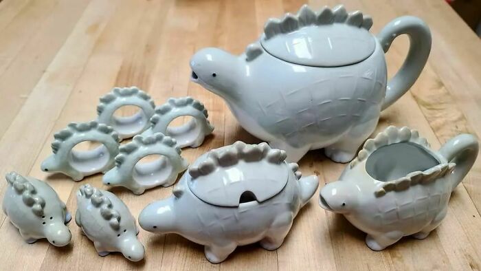 Behold! My Precious Stegosaurus Teapot, Cream And Sugar, Salt And Pepper, And -- Most Fabulous And Impressive Of All -- Napkin Rings! All I Need Now Are The Stegosaurus Mugs. Are They Not The Cutest?